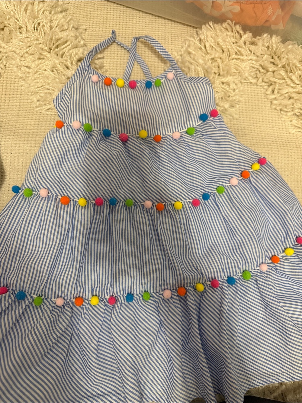 Tommy Bahama Blue and White Striped Pom-Pom Tiered Kids Dress